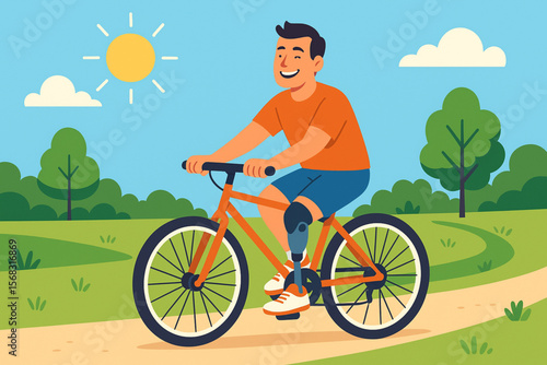 Illustration of Smiling Man with Prosthetic Leg Riding Bicycle on Park Trail