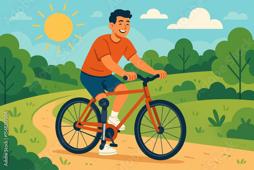 Illustration of Smiling Man with Prosthetic Leg Riding Bicycle on Park Trail