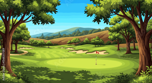 Serene golf course nestled amongst lush green trees and rolling hills under a bright sunny sky.
