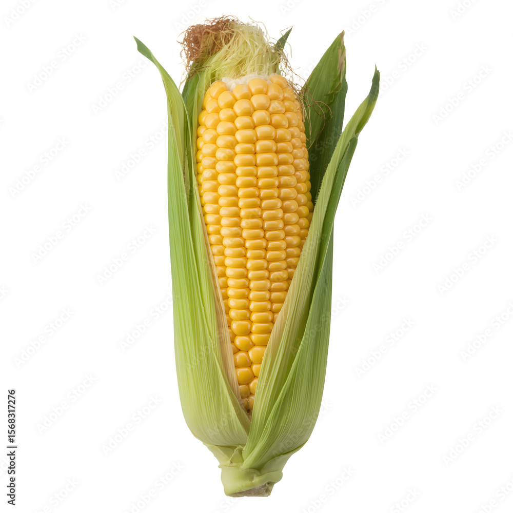 Vector art of a ripe yellow ear of corn with green leaves, isolated on transparent background Vector art of a ripe yellow ear of corn with green leaves, isolated on transparent background