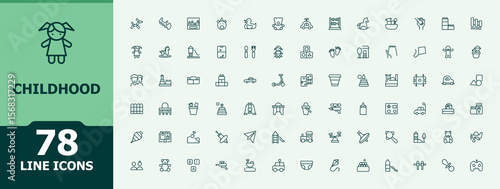 Childhood linear icon set. Pictograms of kid, children, care, toy, play, kids and more. Kindergarten line icon set. Minimal icons collection. Vector illustration.