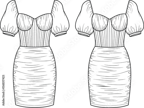 Fashion flat sketch of puff sleeve bodycon dress, sweetheart neckline, ruched mini skirt, technical drawing, detailed vector template, stylish design