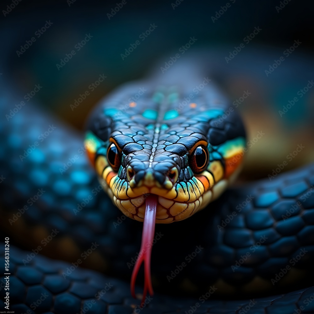 Fototapeta premium Close-up of a Vibrant Blue and Orange Snake's Head