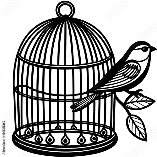 A bird perches on a branch near a birdcage on white background