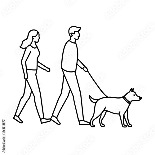 young couple walking dog continuous one line vector