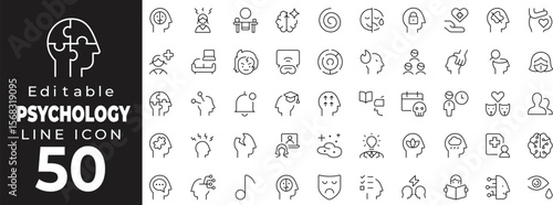 Editable stroke icon collection representing psychology and mental health concepts. Includes brain, mind, therapy, counseling, emotions, behavior, mental wellness, psychology test