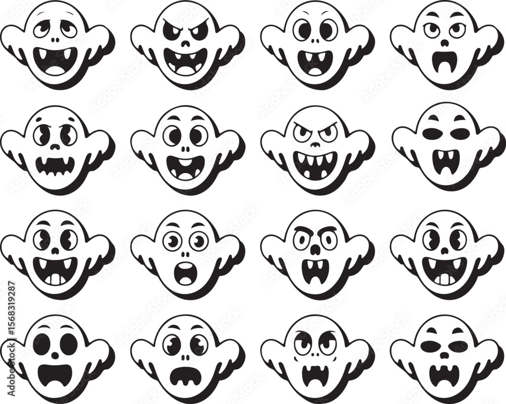 Fototapeta premium Creepy Halloween Monster Faces Vector Set