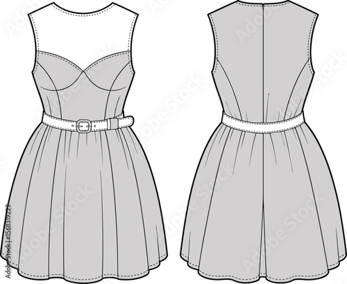 Fashion flat sketch of sleeveless dress, fitted bodice, flared skirt, waist belt, technical drawing, vector template, front back view