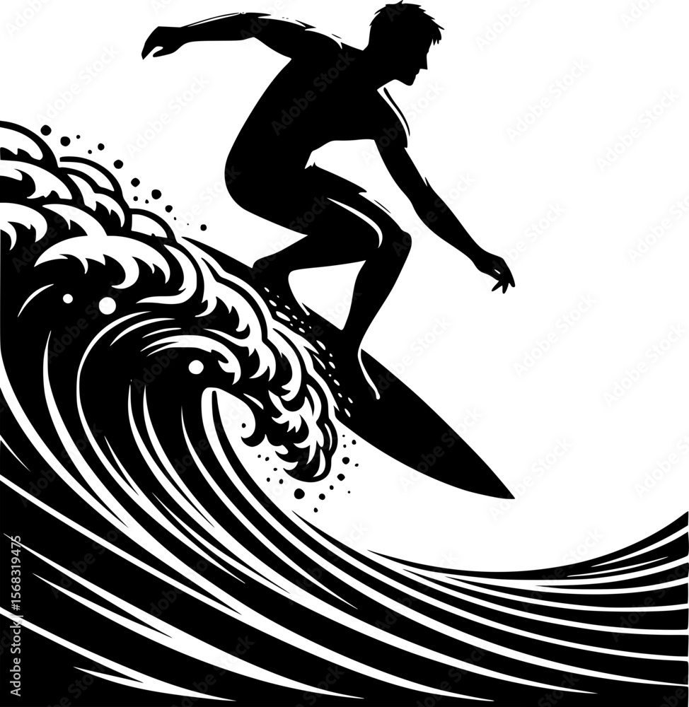 Silhouette of a surfer riding wave, minimalist clean flat vector
Silhouette of a surfer riding wave, minimalist clean flat vector