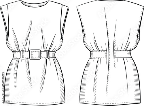 Fashion dress flat sketch, belted tunic top, vector template, front, back, outline drawing, must have