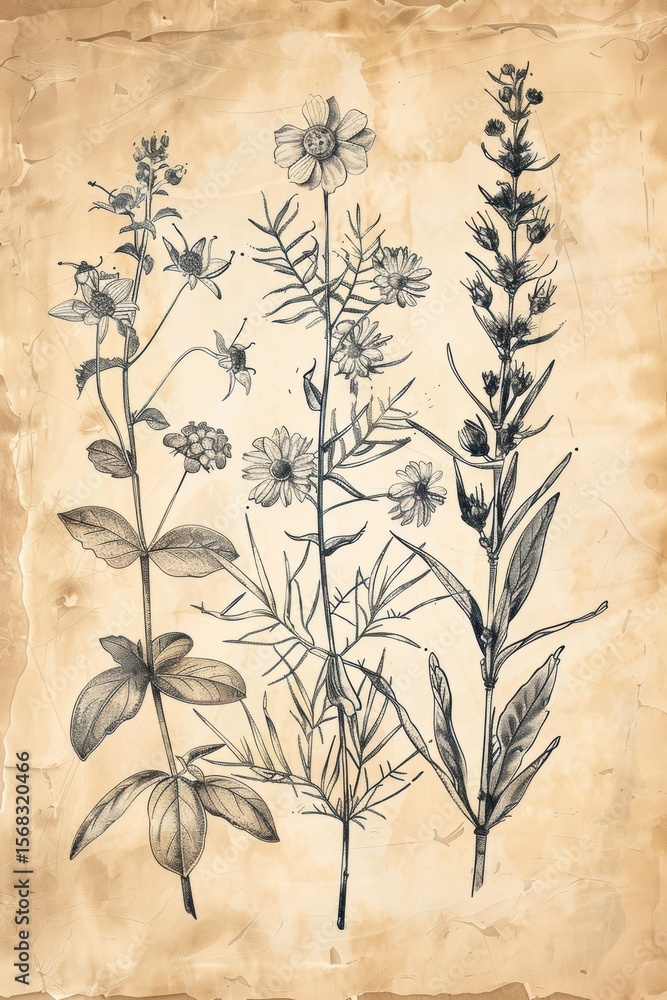 Naklejka premium Vintage style botanical illustration of wildflowers