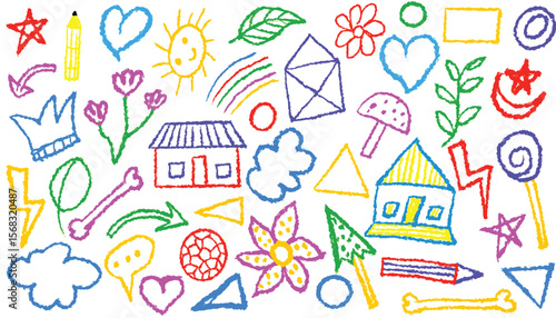 Cute doodle sea summer beach crayon background. Hand drawn school sketch, flower, house, rainbow, sun, cat, color cloud, wave, palm, beach umbrella. Vector summer kid color pencil drawing illustration
