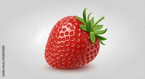 Realistic 3D Render of Fresh Ripe Strawberry with Green Leaves on White Background