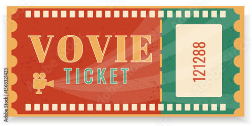 Vintage style movie ticket with a retro camera icon, warm color scheme, and grungy texture. Perfect for cinema promotions, film festivals, and vintage-themed designs.Vector