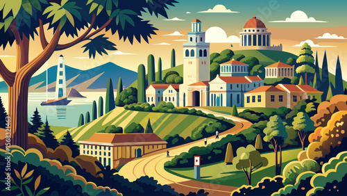 University of California, Berkeley offers hillside views of San Francisco Bay, with historic halls framed by eucalyptus trees and sunlight dappled walkways.