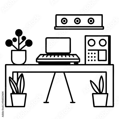 Modern Music Production Desk with MIDI Keyboard and Plants
