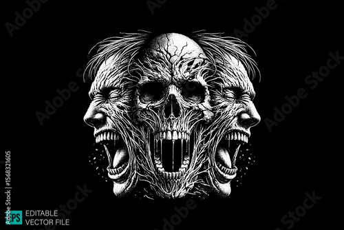 screaming ghost face scary creepy style tattoo dark art illustration vector black and white background templates