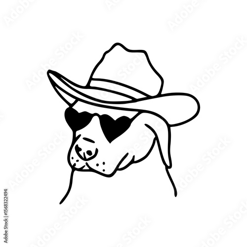 cool dog in cowboy hat and heart sunglasses line art