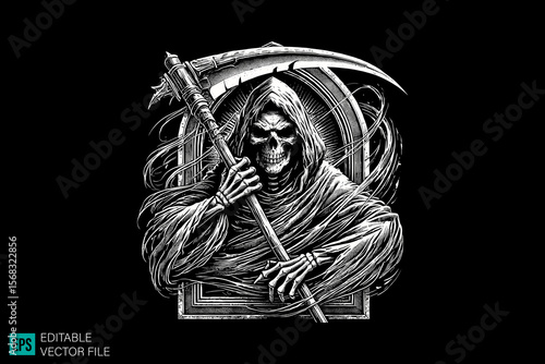 grim reaper scary creepy style tattoo dark art illustration vector black and white background templates