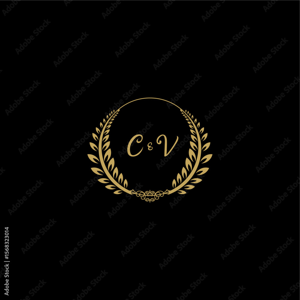 Fototapeta premium CV beautiful, feminine and elegant wedding monogram initial logo with circle floral gold