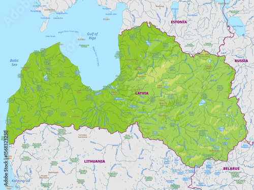 Detailed physical map of Latvia