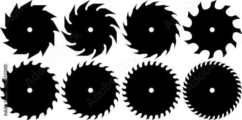 Icon sheet of various buzz saw blades. Silhouettes of circular saw blades with varying number of teeth isolated on a white background. Vector illustration. 