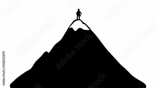 Silhouette of a person standing on top of a snow capped mountain peak against a white background view