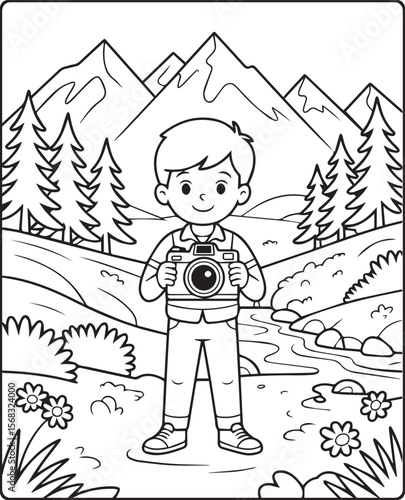 A cute photographer with a camera and taking photo of nature vector line art illustration coloring page for kids