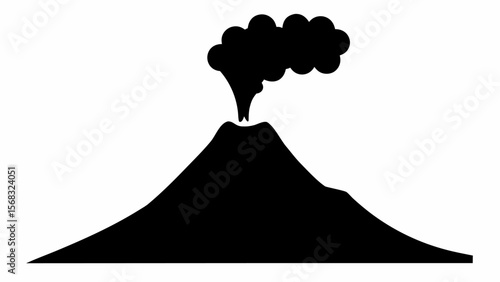 Black silhouette of a volcano erupting with dark smoke against a white background scenery view scene