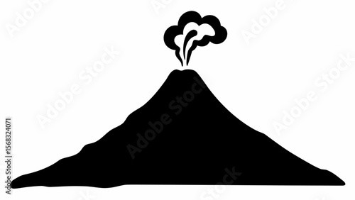 A black and white illustration of a volcano with smoke coming out of the top of the mountain peak