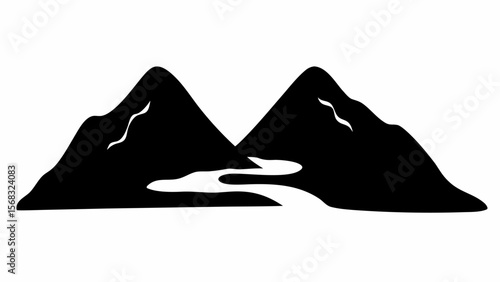 Silhouette of two mountains with a river flowing between them in a minimalist black and white style