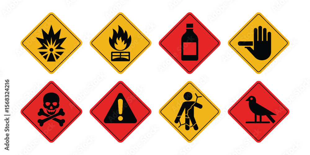 GHS Safety Pictogram Set – Red Diamond Icons Representing Chemical Dangers Like Toxicity, Irritation, Explosives, Flammables, and Environmental Hazards for Regulatory and Industrial Use
GHS Safety Pictogram Set – Red Diamond Icons Representing Chemical Dangers Like Toxicity, Irritation, Explosives, Flammables, and Environmental Hazards for Regulatory and Industrial Use