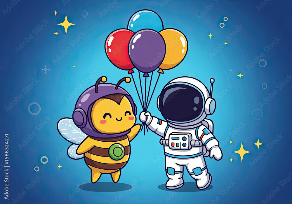 Naklejka premium An adorable astronaut offers a cheerful bee character a vibrant collection of party balloons set against a starry sky.