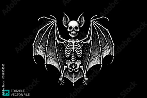 bat skull scary creepy style tattoo dark art illustration vector black and white background templates