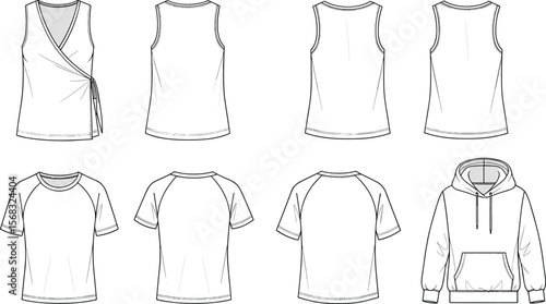 Women’s fashion flat sketches bundle, tank top, wrap top, raglan t-shirt, hoodie sweatshirt, technical drawing clothing template illustration set