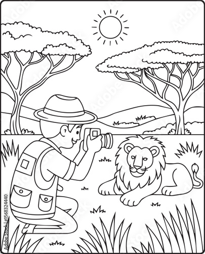 A cute photographer with a camera and taking photo of wild animal vector line art illustration coloring page for kids