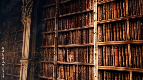 Mysterious ancient library with dramatic golden light filtering through dust and tall bookshelves filled with old books - cool tones and magical feel - mystery and fantasy