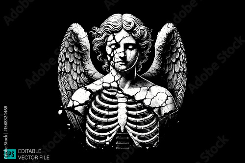 cupid sculpture scary creepy style tattoo dark art illustration vector black and white background templates