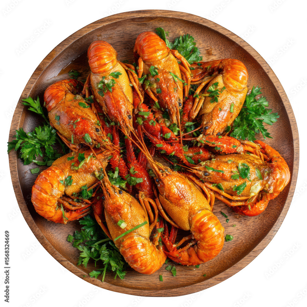 Deliciously prepared crawfish garnished with fresh parsley on a wooden plate isolated on transparent background Deliciously prepared crawfish garnished with fresh parsley on a wooden plate isolated on transparent background