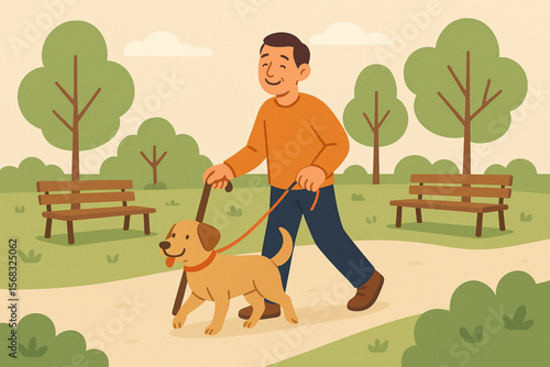 Illustration of Man with Cane Walking Dog Happily Along Park Path