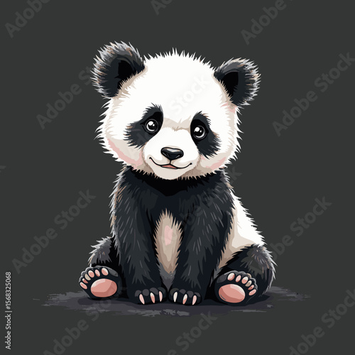 Cute cartoon panda sitting and smiling on dark grey background concept of innocence  