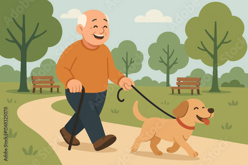 Illustration of Man with Cane Walking Dog Happily Along Park Path