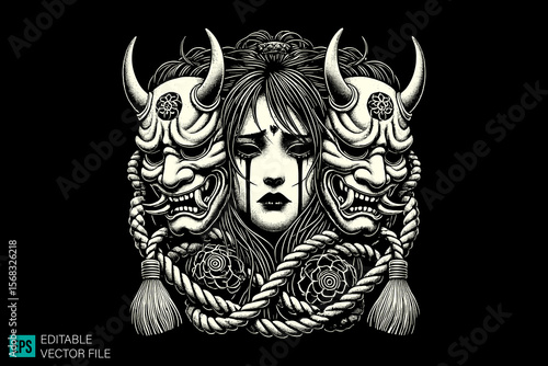 japanese mythology girls scary creepy style tattoo dark art illustration vector black and white background templates