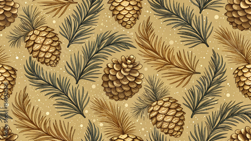 Vector illustration of seamless pattern. Pattern of pine fruits and pine leaves on a golden brown background.