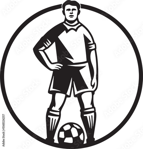 Vector illustration of a male soccer player standing confidently with one foot on a ball, inside a circular frame. A bold and iconic sports concept.