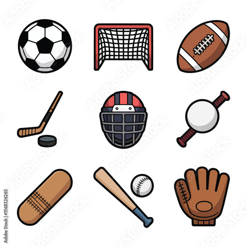 Team Sports Icon Set. Flat icon set of team field sports: soccer ball, goal post, rugby ball, field hockey stick, lacrosse helmet vector 
