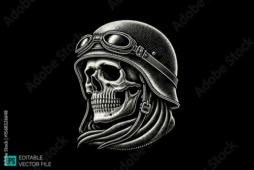 skull head with helmet scary creepy style tattoo dark art illustration vector black and white background templates