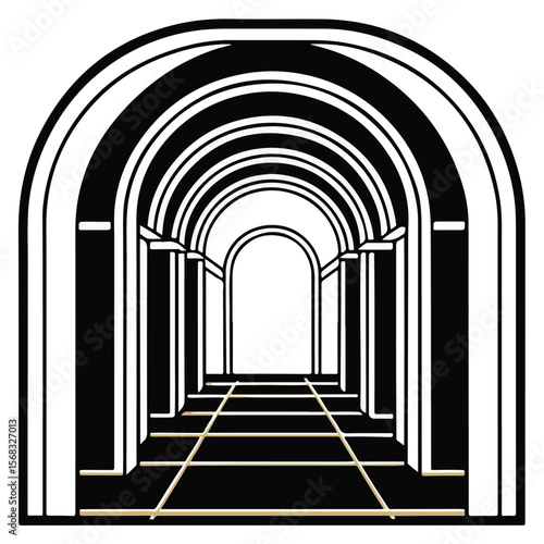 Vector illustration of an old stone archway, perfect for architecture, church, or monastery designs, offering a perspective of a long, light-filled corridor or a historic building interior on a white 