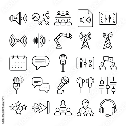 Collection of Thin Line Icons Representing Communication and Technology Concepts