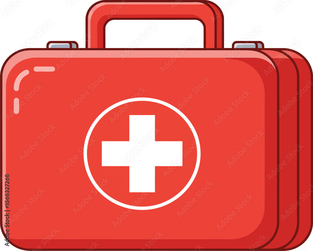 Obraz premium Red first aid kit box displays white medical cross icon, providing essential healthcare equipment for emergencies and safety.